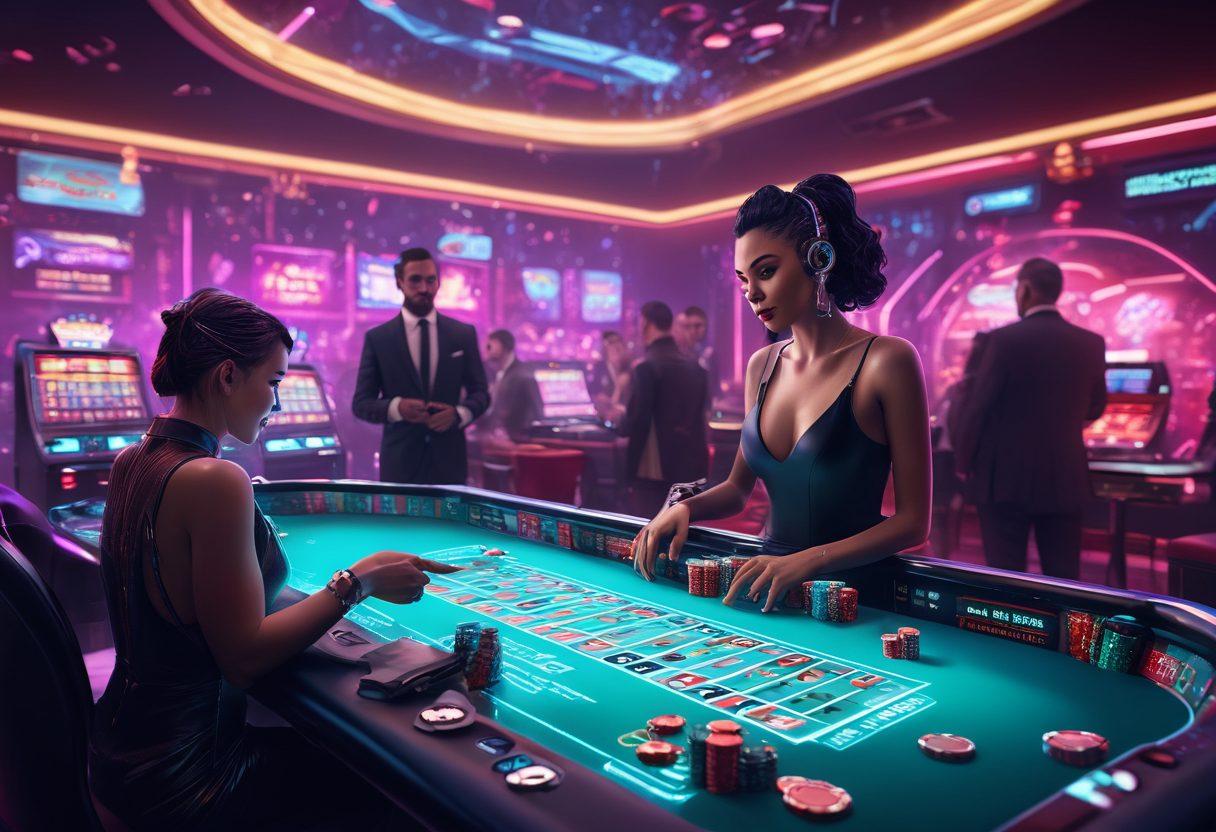 A futuristic casino scene showcasing interactive gambling tables with live dealers engaging players. Bright neon lights illuminate the room, blending traditional games with high-tech interfaces. Players are immersed in augmented reality, experiencing virtual chips and holographic displays. Include diverse characters enjoying big wins, surrounded by joyful expressions and celebratory confetti. cyberpunk style. vibrant colors. 3D.