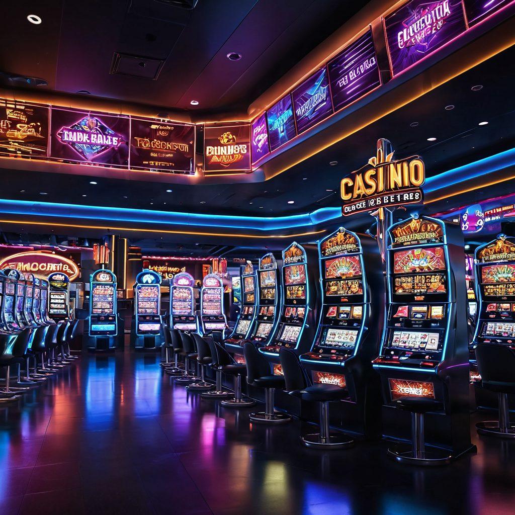A dynamic scene featuring a futuristic casino with neon lights reflecting excitement. Show stacks of shimmering digital coins and a giant jackpot screen displaying an impressive winning amount. Incorporate diverse gamblers celebrating with joy amidst a backdrop of virtual slot machines and card tables. Include a tech-inspired aesthetic to represent digital gambling's evolution. vibrant colors. cyberpunk.